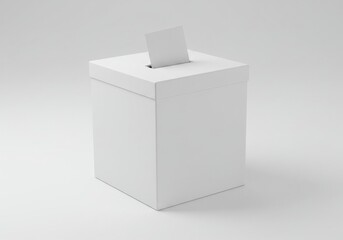 A white ballot box with a ballot sticking out of the slot on a white background in studio shot