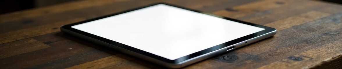 Sleek tablet, blank screen, rustic wood table, illustration, device, blank screen