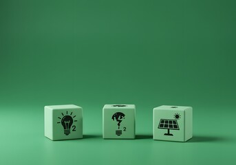 Sustainable energy, waste reduction, Business innovations that reduce carbon footprint and environmental impact. Meet eco-friendly goals. carbon-neutral production, Green background, three small cubes