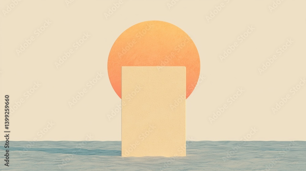Poster a minimalist artwork featuring a large orange sun setting behind a rectangular shape on a calm ocean
