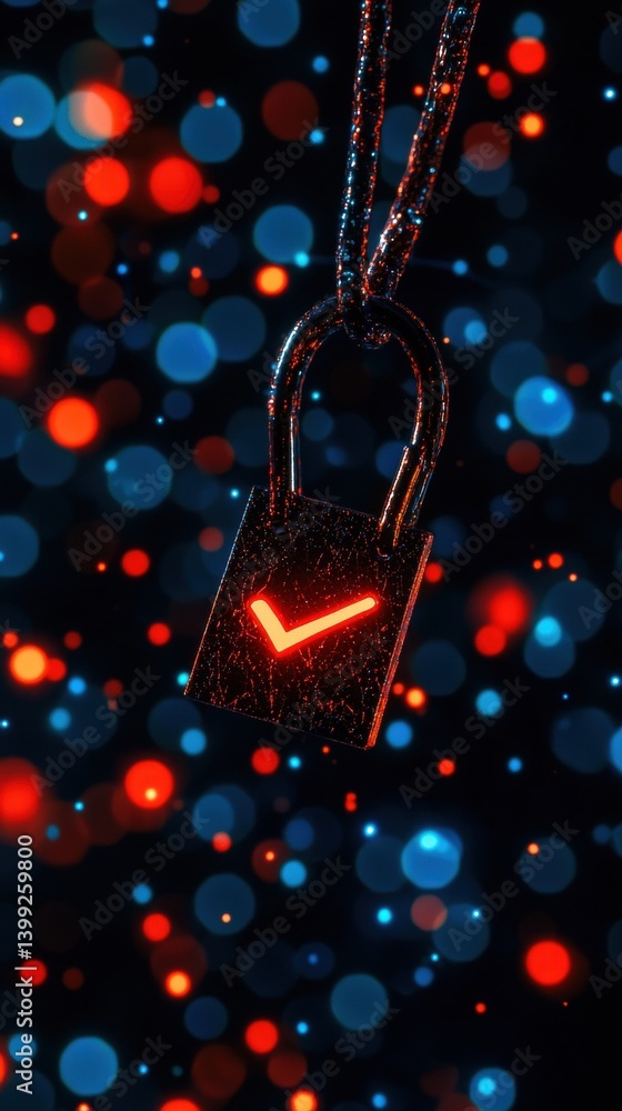 Poster a glowing padlock hangs against a backdrop of colorful, blurred lights, creating a vibrant and capti