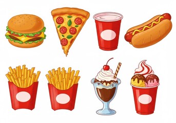 Illustration featuring a burger pizza soda hotdog fries and two ice cream desserts on white background