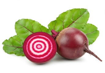 A close up of a whole beet and a sliced beet with leaves on a white background in a studio shot