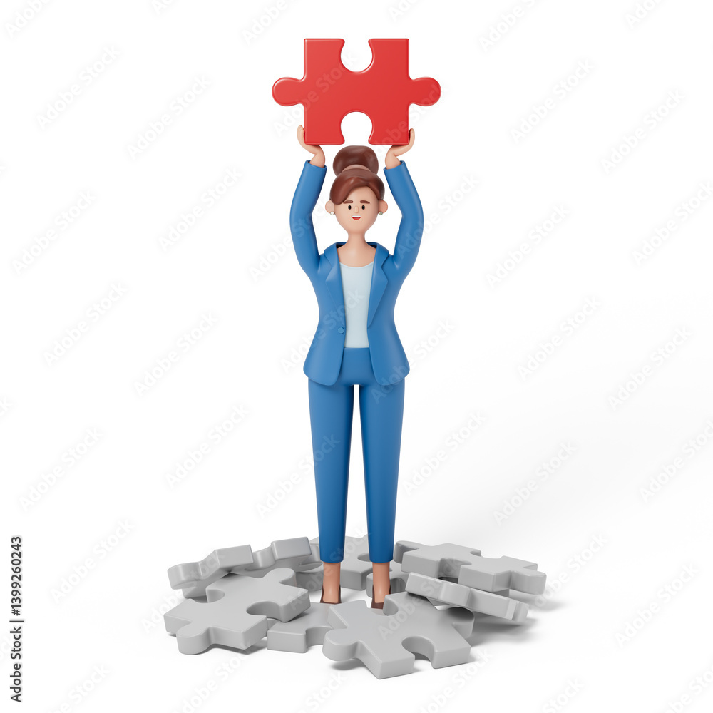 Poster woman holding a puzzle piece above his head, symbolizing solving problems or completing tasks. 3d re