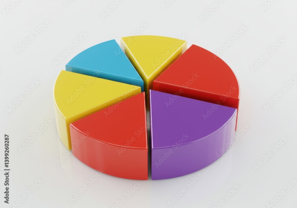 Poster a colorful pie chart with six slices of different colors on a white background in a studio shot