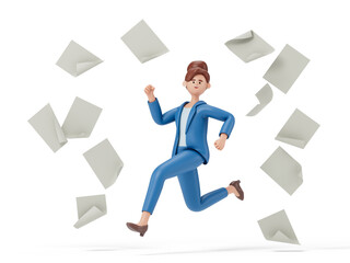 woman running amidst flying papers, symbolizing busy work or information overload. 3D rendering, conceptual image. Isolated on white background.