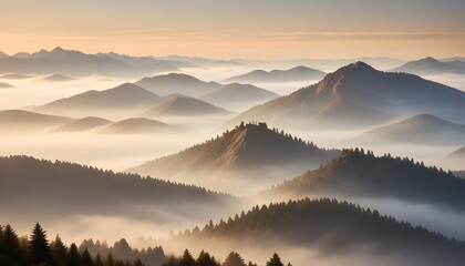 Misty mountain range at sunrise, golden light, soft fog, peaceful and serene atmosphere