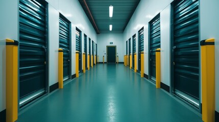 Fototapeta premium A corridor of storage units with teal doors and yellow safety posts, creating a clean and organized appearance.