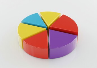 Obraz premium A colorful pie chart with six slices of different colors on a white background in a studio shot