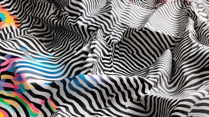 Abstract textile design with optical illusion stripes and vibrant colors.