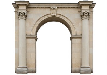 A stone archway with two columns and ornate details against a white background isolated for design use