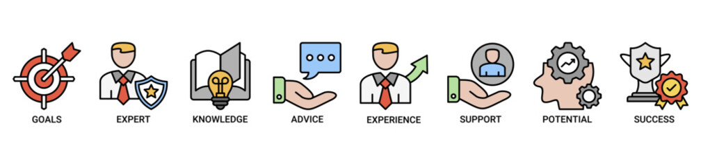 Consulting icon set. Containing icon of goals, expert, knowledge, advice, experience, support, potential, and success icons. Outline color vector symbol background.