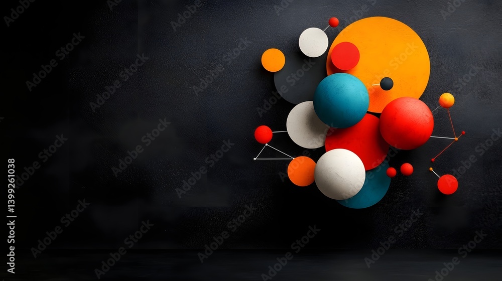 Poster visually striking composition of colorful three dimensional geometric spheres and shapes displayed a