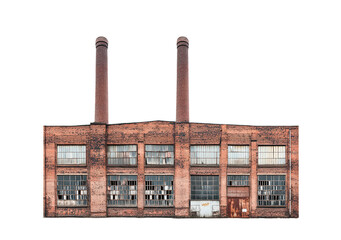 Abandoned old brick factory building with smokestacks isolated on transparent background