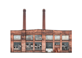 Abandoned old brick factory building with smokestacks isolated on transparent background