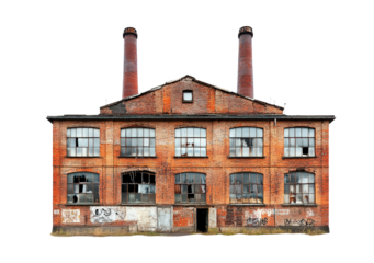 Abandoned old brick industrial building isolated on transparent background