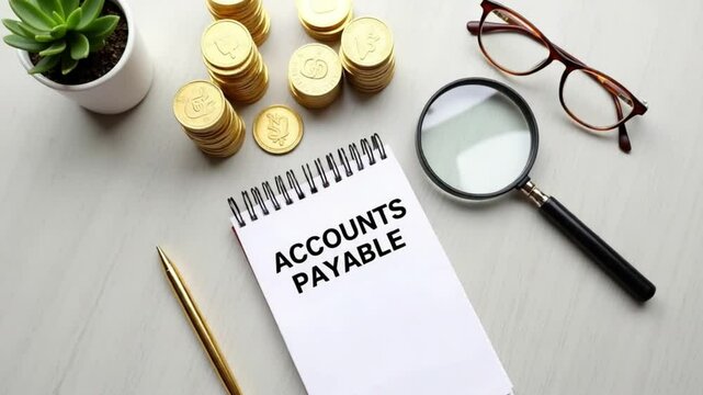 Accounts payable concept. Amount of money a company owes to its suppliers or creditors for goods and services received but not yet paid for. Notebook with inscription, stacks of coin, magnifying glass