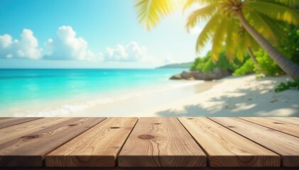 Sunny tropical beach with blurred ocean Rustic wooden tabletop for product showcasing , vacation, display