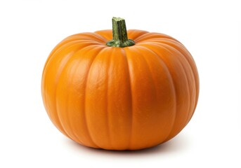 Obraz premium A single orange pumpkin with a green stem isolated on a plain white background in studio lighting