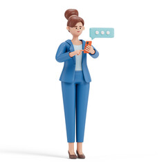 woman in business attire holding a phone, symbolizing communication and modern business. 3D rendering, conceptual image. Isolated on white background.