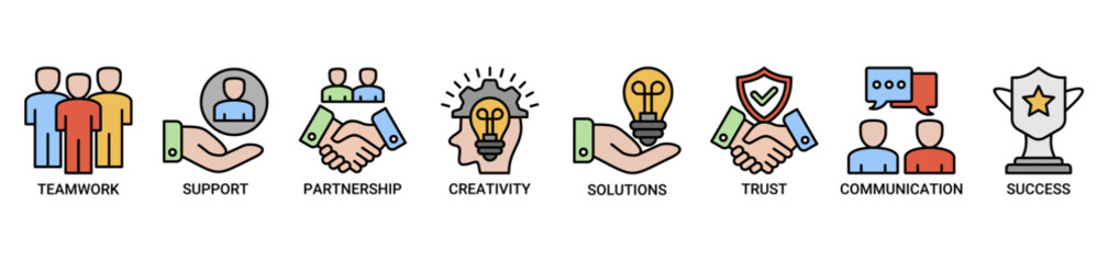 Collaboration icon set. Containing icon of teamwork, support, communication, trust, motivation, and success icons. Outline color vector symbol background.