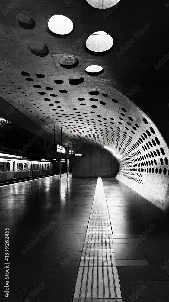 Poster a subway station with a tunnel and a train. the tunnel is dark and the train is in the foreground