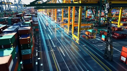 Automated Logistics: Futuristic Container Port with Data Overlay and Crane Operation - Powered by Adobe