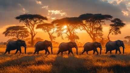 Fototapeta premium African Sunset: Elephants Silhouette at Golden Hour