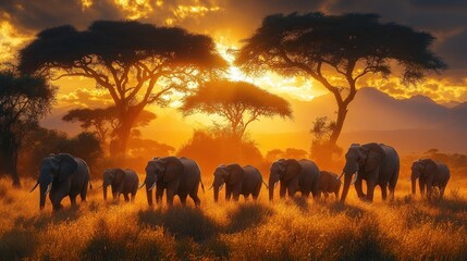 Fototapeta premium African Sunset: Elephants Silhouette at Golden Hour