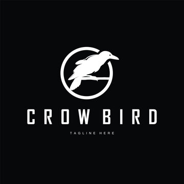 crow logo with minimalist black silhouette depicting a majestic crow bird template symbol with simple black