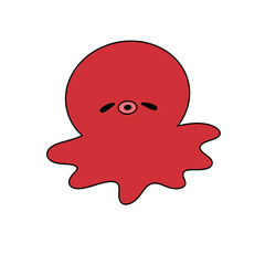 A red octopus with a black mouth and black eyes