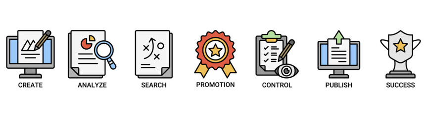 Content strategy icon set. Containing icon of create, analyze, planning, promotion, control, publish and success icons. Outline color vector symbol background.