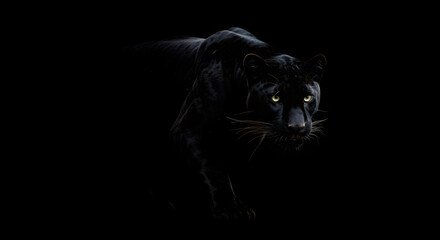 Obraz premium A black panther in a hunting posture, showcasing its sleek, powerful body against a completely dark background
