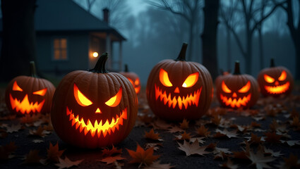Carved Evil Pumpkins with Flickering Glow – Halloween Night Spooky Atmosphere