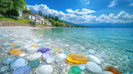 Turquoise summer lake reflecting a clear blue mountain sky