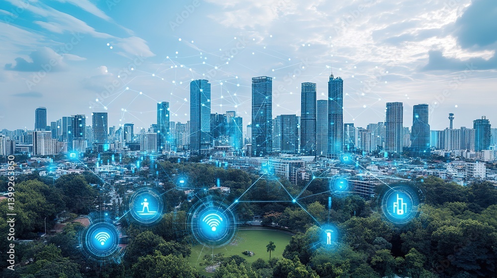 Poster a futuristic city using ai to optimize energy consumption and efficiency.