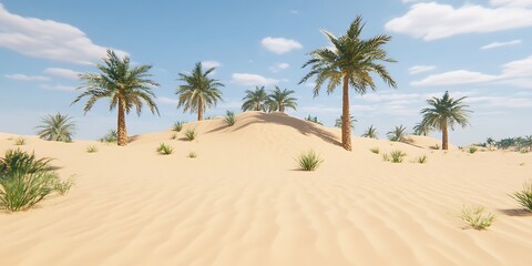 Serene desert landscape with palm trees under a clear blue sky