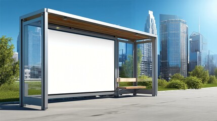 Obraz premium Close-up of a blank white billboard above a bus stop, clear morning sky, modern cityscape, ad-ready space