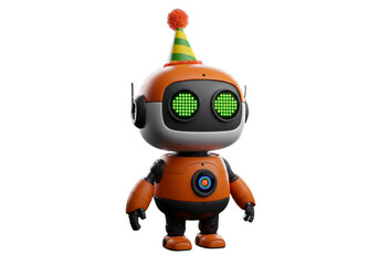 Robot Wearing Party Hat Standing on Transparent Background