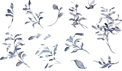 水彩画。水彩タッチののモノクロベクター草木イラスト。シンプルな草木装飾フレーム。Watercolor painting. Black and white vector illustration of plants and trees with watercolor touch. Simple grass tree decorative frame.