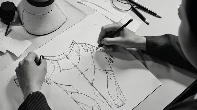Professional fashion designer carefully sketching new clothing collection while focusing intently at desk in modern office workspace, capturing creative design process with precise pencil movements