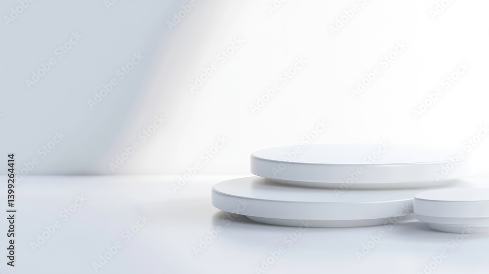 Poster white cylindrical platforms minimalist studio lighting front view smooth surfaces product display em