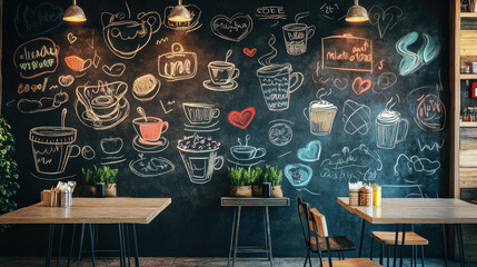 A chalk doodle wall in a modern café