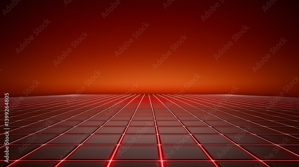Aufkleber a dark red background features a grid of dark gray squares receding into the distance, illuminated b