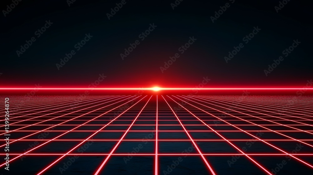 Poster a dark background features a grid pattern of bright red lines receding to a red horizon with a brigh