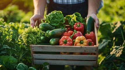 A person is holding a basket full of vegetables, including cucumbers, peppers