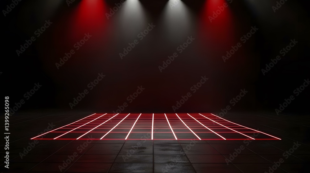 Poster a dark room with three red spotlights illuminating a grid pattern outlined in bright red neon light 
