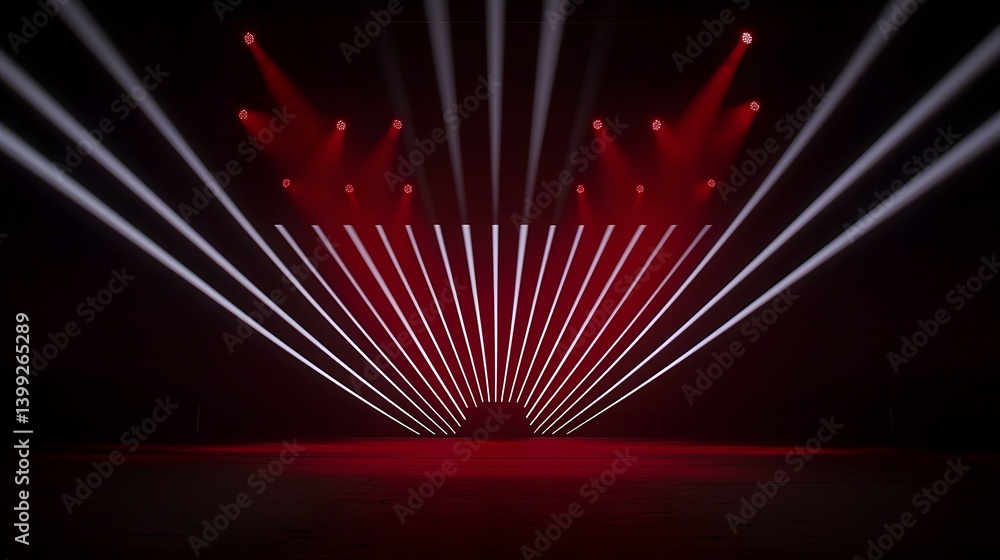 Poster a dark stage is illuminated by multiple red and white spotlights creating a dramatic, ray-like effec