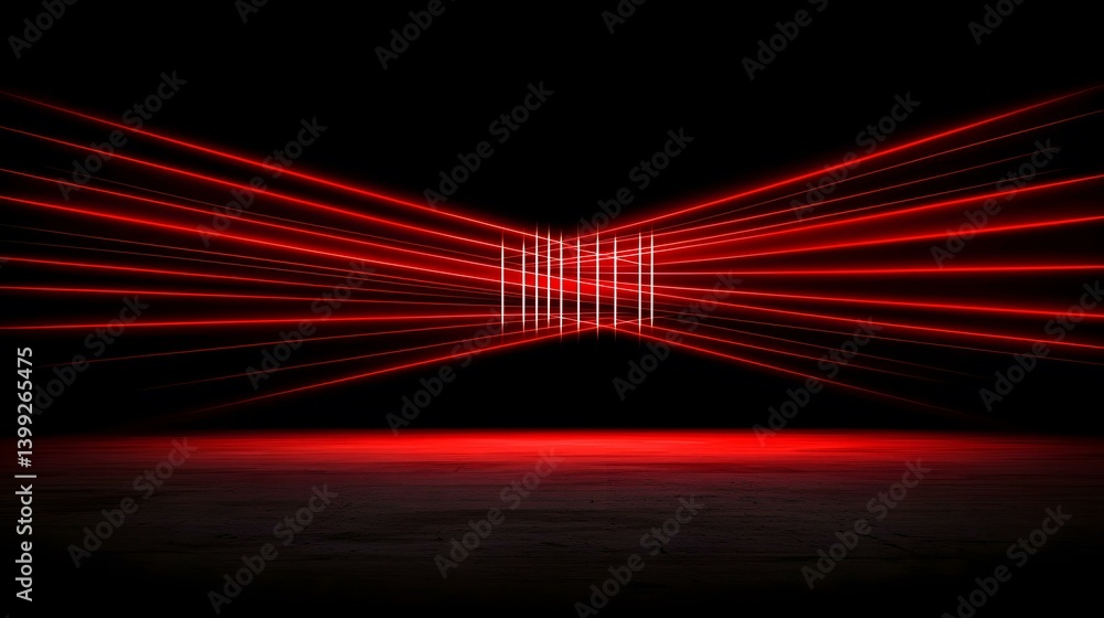 Poster a dark, empty space is illuminated by bright red laser lines converging on a central, grid-like stru