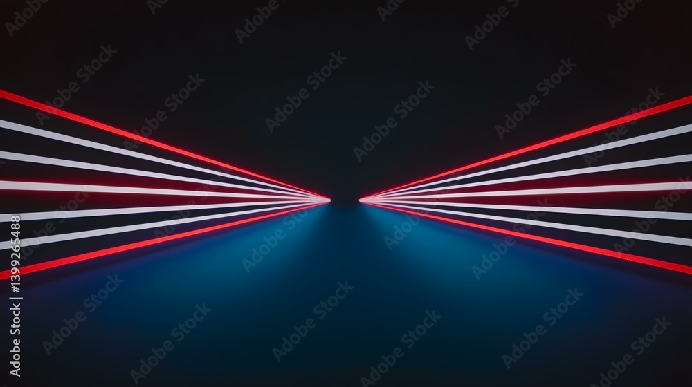 Poster the image shows multiple parallel lines of red and white neon lights converging towards a vanishing 